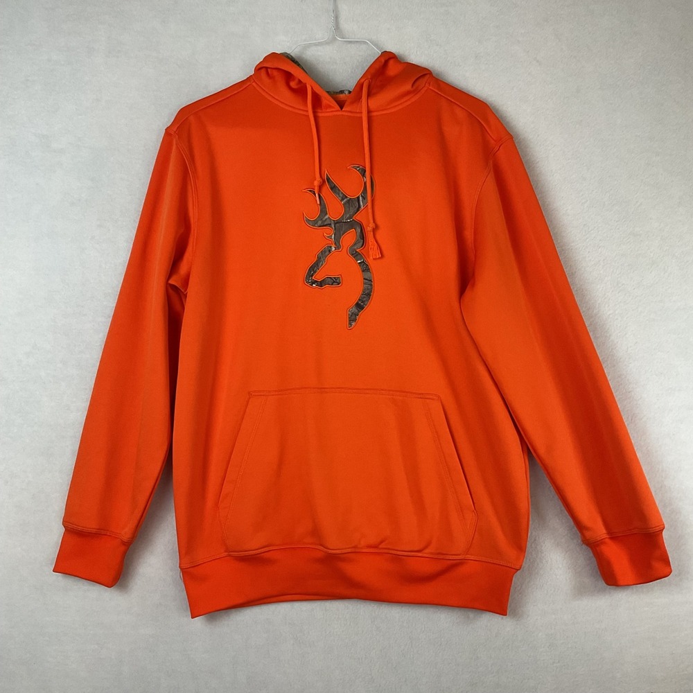 Browning Mens Blaze Orange Camo Buckmark Logo Performance Hoodie Medium Hunting